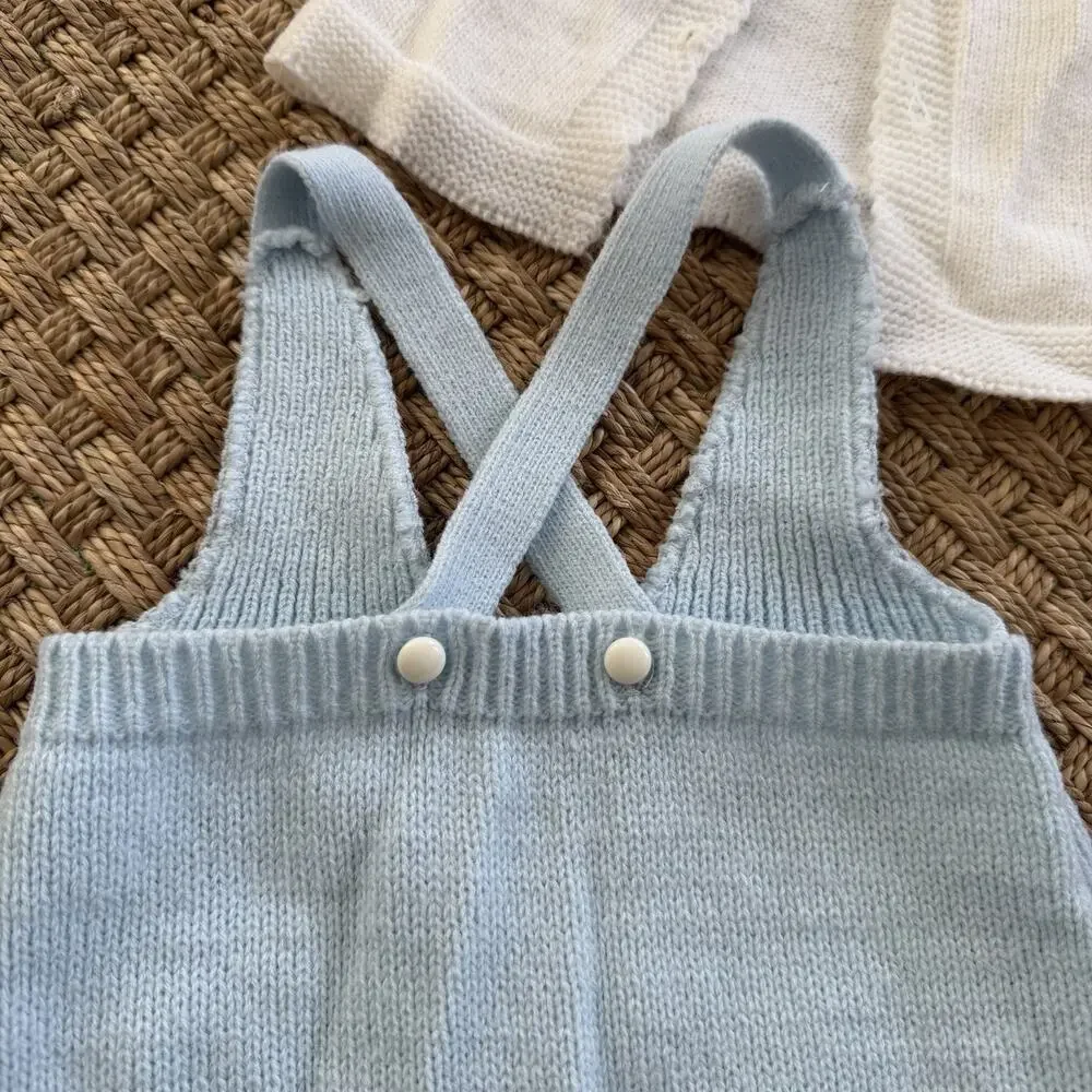 Vintage Heirloom Baby Boy’s Crylor Overalls, Cardigan & Knit Hat Baby Blue Set